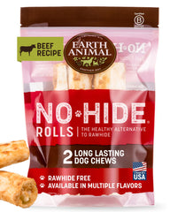Earth Animal No Hide Chews rollos de res para perros medianos, masticación prolongada y limpia.