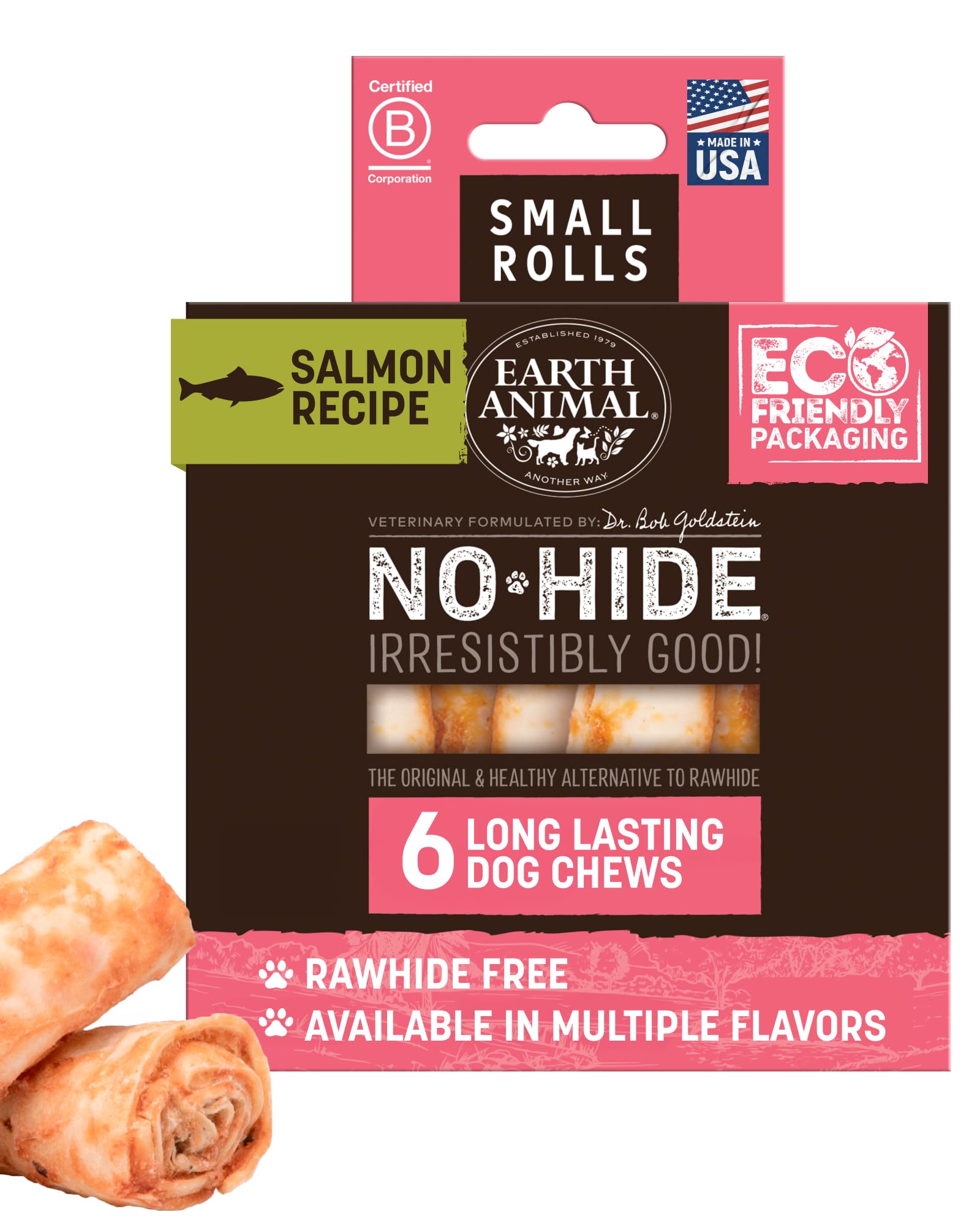 Earth Animal No Hide Chews salmón para perros pequeños, masticación duradera.