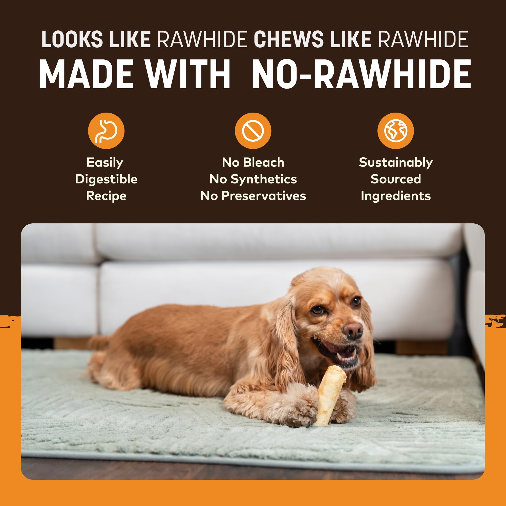 Earth Animal No Hide Chews, sin cuero crudo, alternativa segura para masticar.