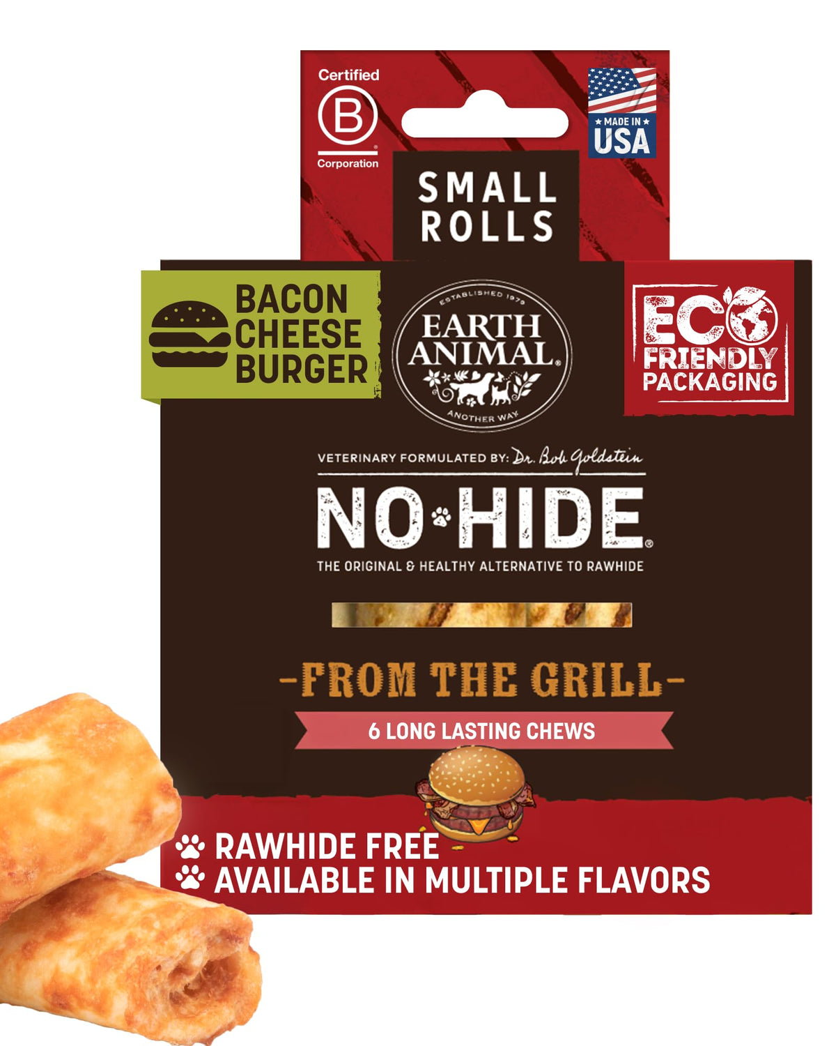 Earth Animal No Hide Chews, sabor tocino-queso, ideal para perros pequeños y masticación segura.