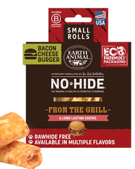 Earth Animal No Hide Chews, sabor tocino-queso, ideal para perros pequeños y masticación segura.