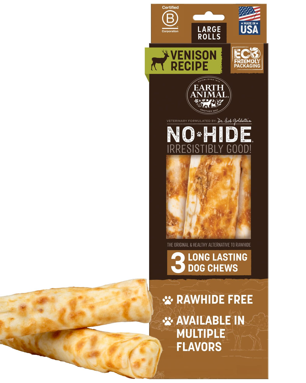Earth Animal No Hide Chews frente: masticación duradera para perros grandes
