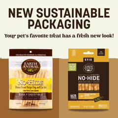 Earth Animal No Hide Stix, detalle de sabor a mantequilla de maní para perros pequeños.