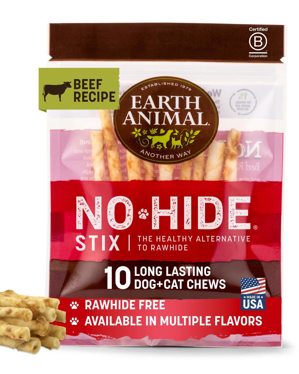 Earth Animal No Hide Stix empaque de 10 unidades sin piel para perros pequeños