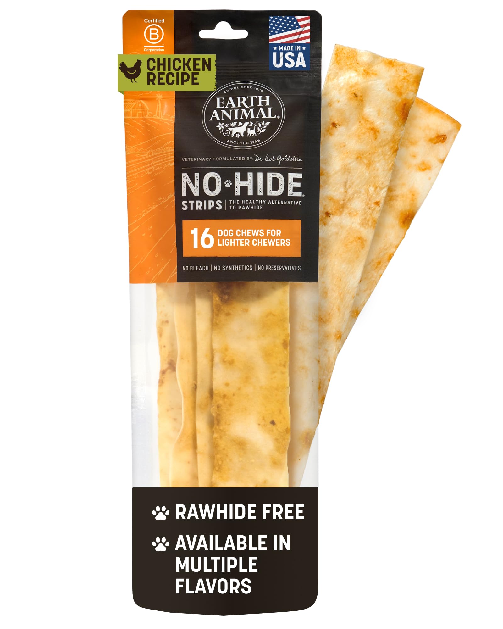 Earth Animal No Hide Strips: empaque práctico para snack canino conveniente.