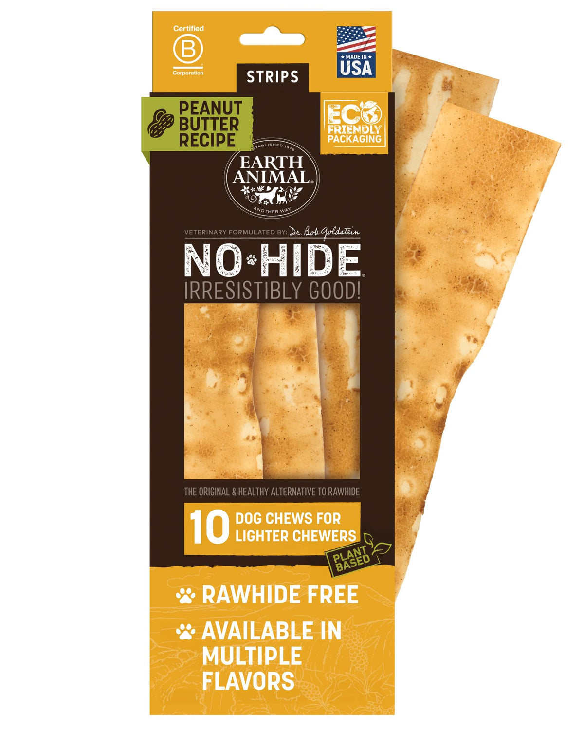 Earth Animal No Hide Strips, mantequilla de cacahuate, visual de bocado natural para masticar