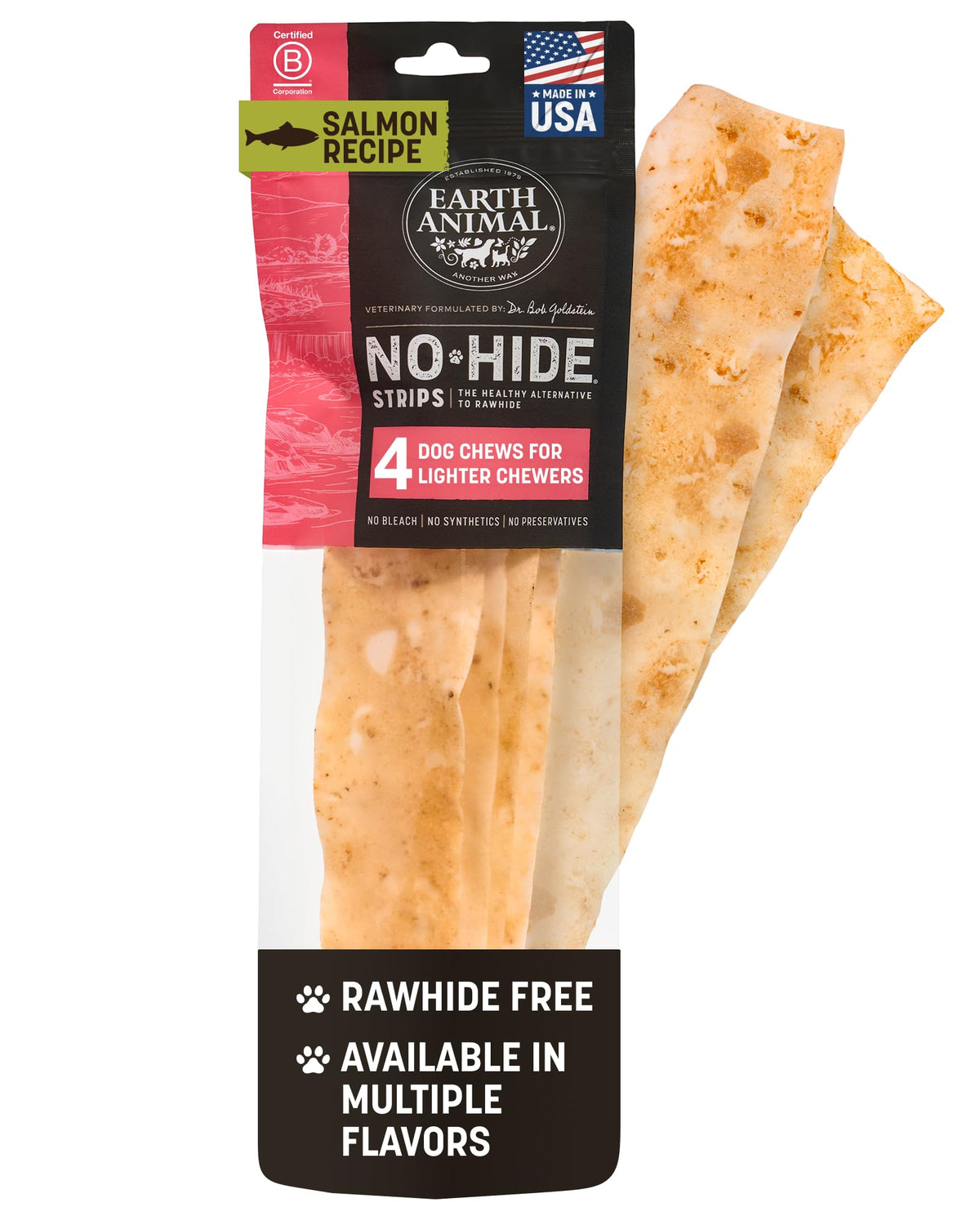 Earth Animal No Hide Strips de salmón, empaque práctico para mordidas controladas.