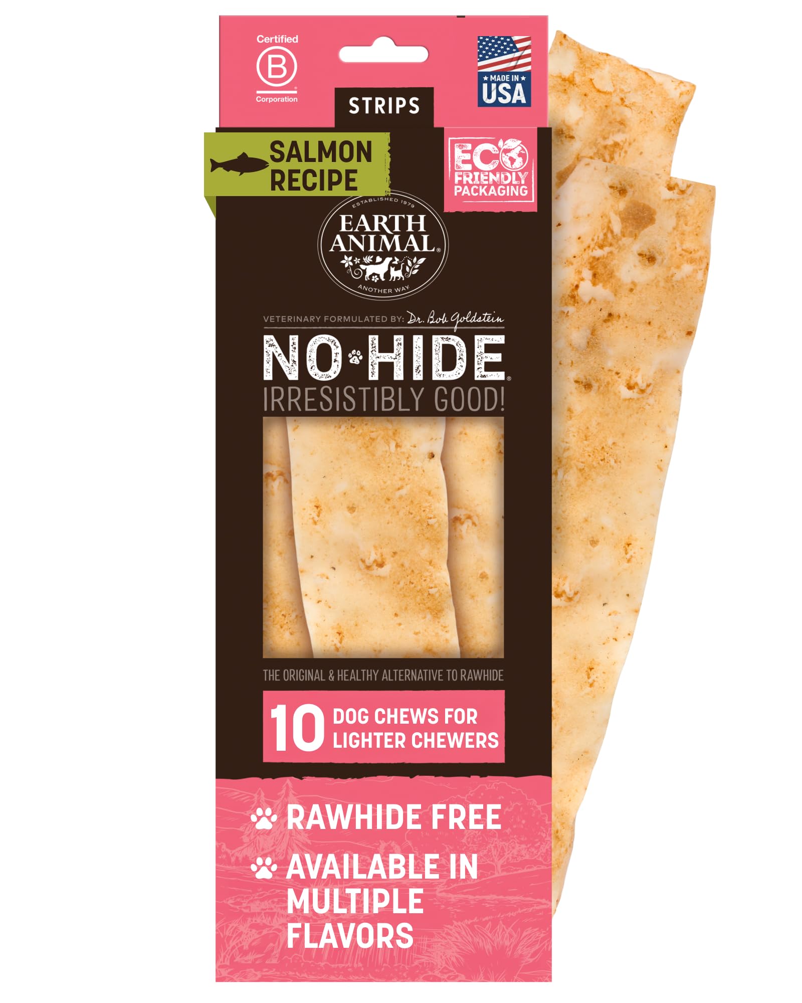 Earth Animal No Hide Strips con salmón, empaque visible, snack sabroso para perros.