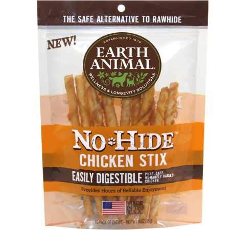 Earth Animal NoHide Stix pollo, masticación duradera para perros y apoyo dental suave.