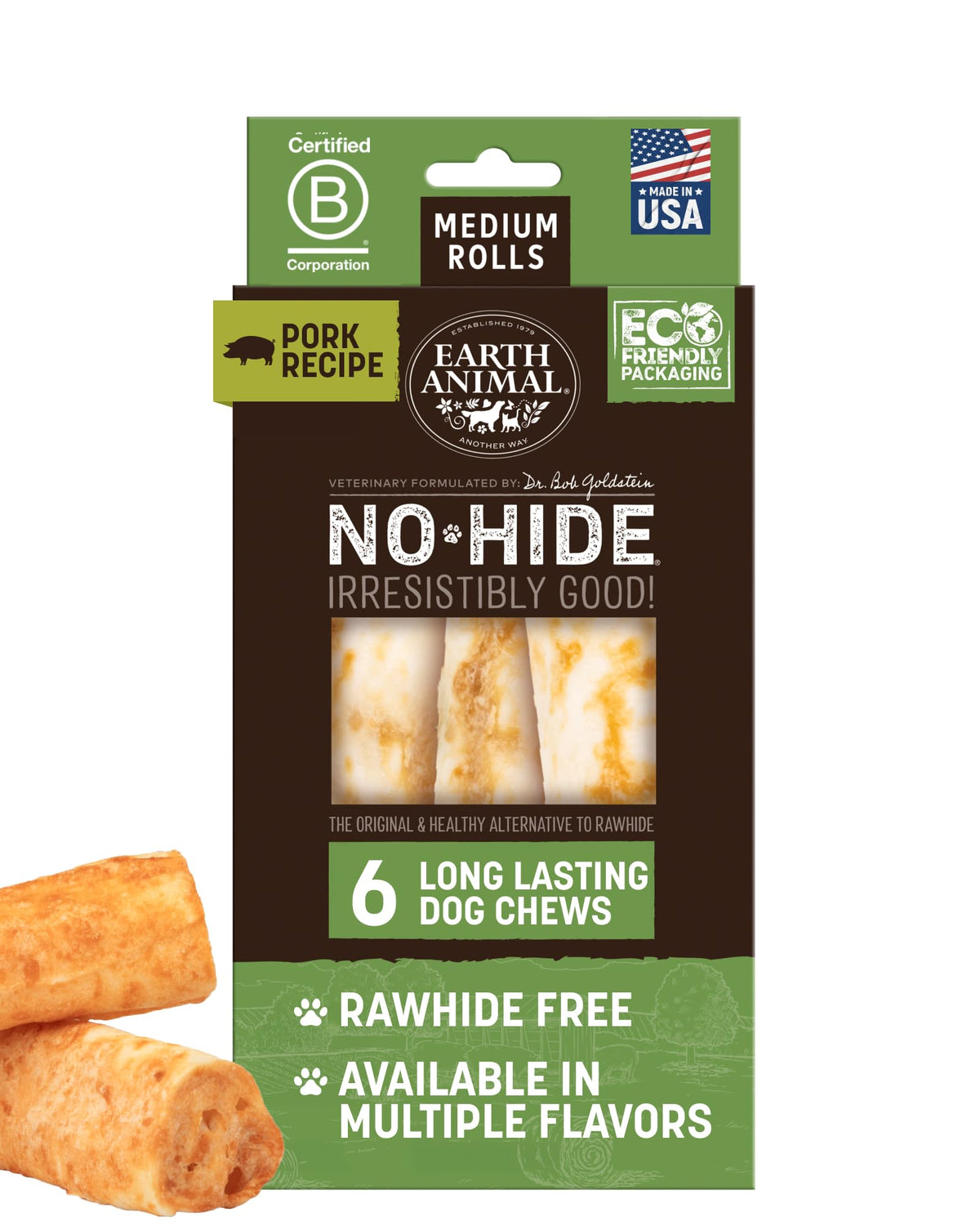 Earth Animal rollos sin cuero: cerdo para perros medianos, masticación duradera.