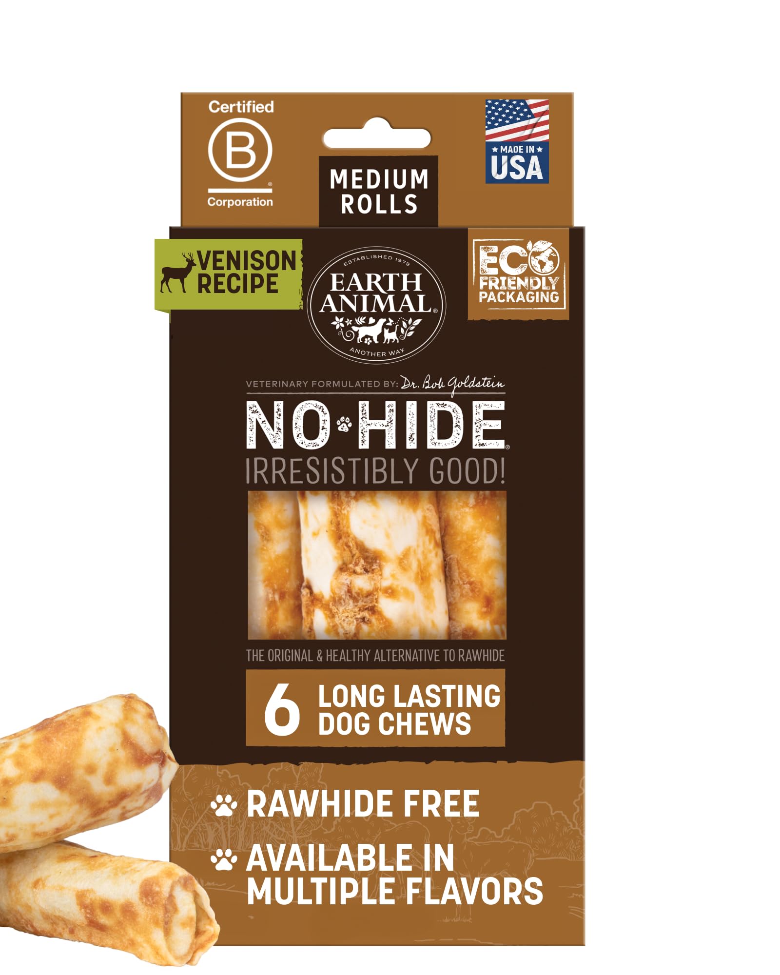 Earth Animal No Hide: rollos de ciervo medianos para masticación duradera.