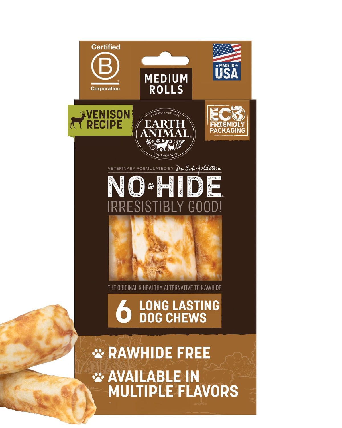 Earth Animal No Hide: rollos de ciervo medianos para masticación duradera.