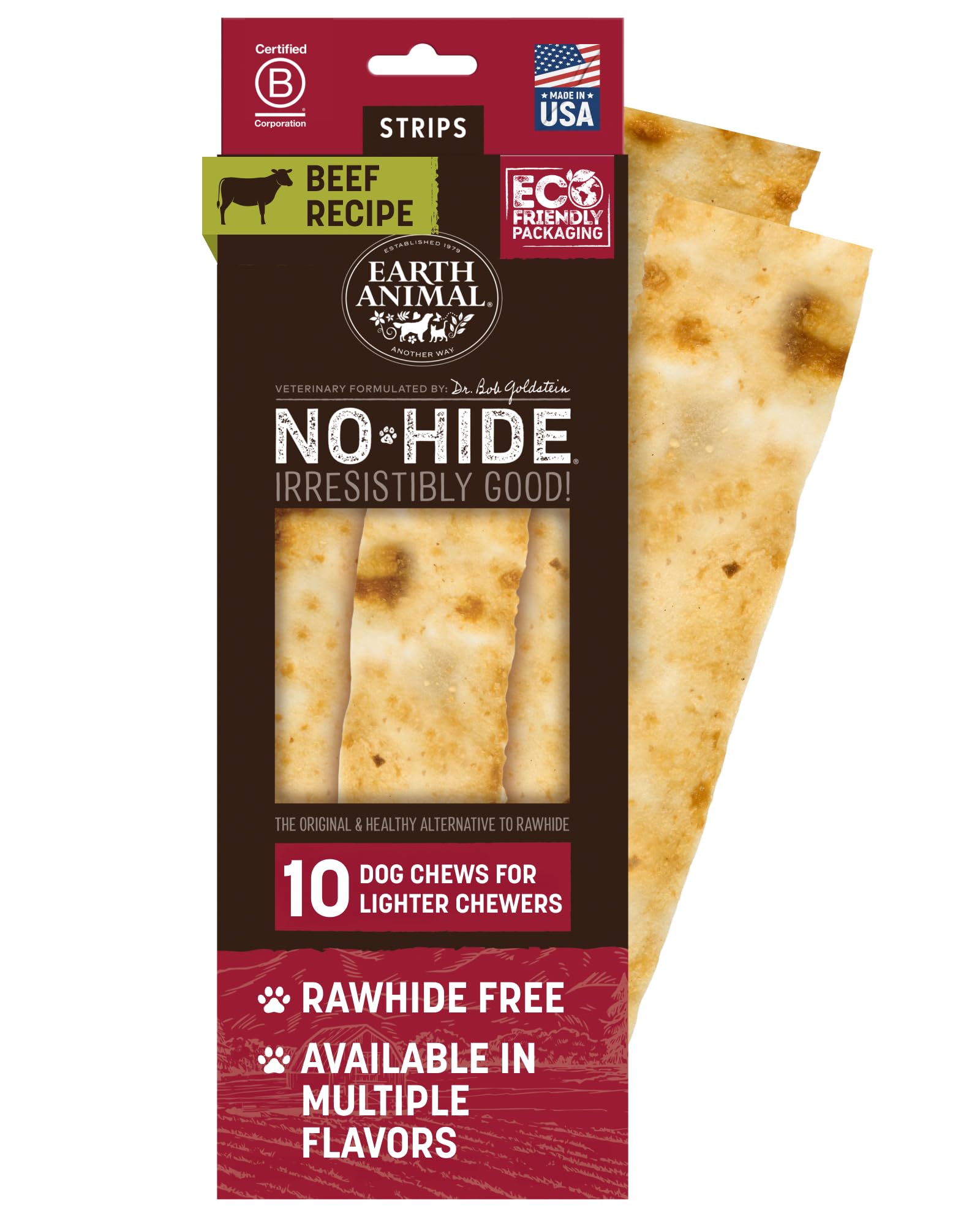 Earth Animal Tiras sin piel de res: paquete de 10 tiras masticables para perros.