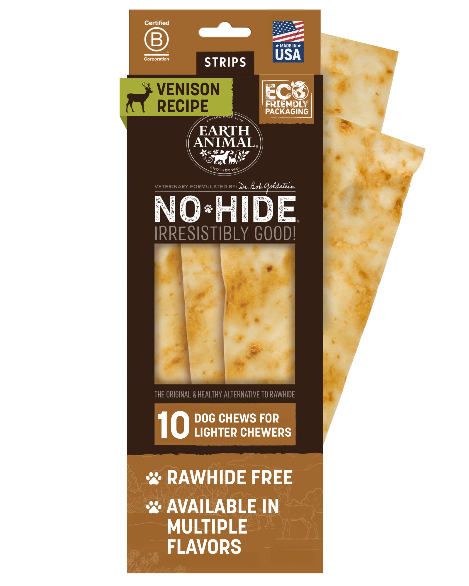 Earth Animal No Hide Strips venado, tiras sin piel para perros, masticación saludable.