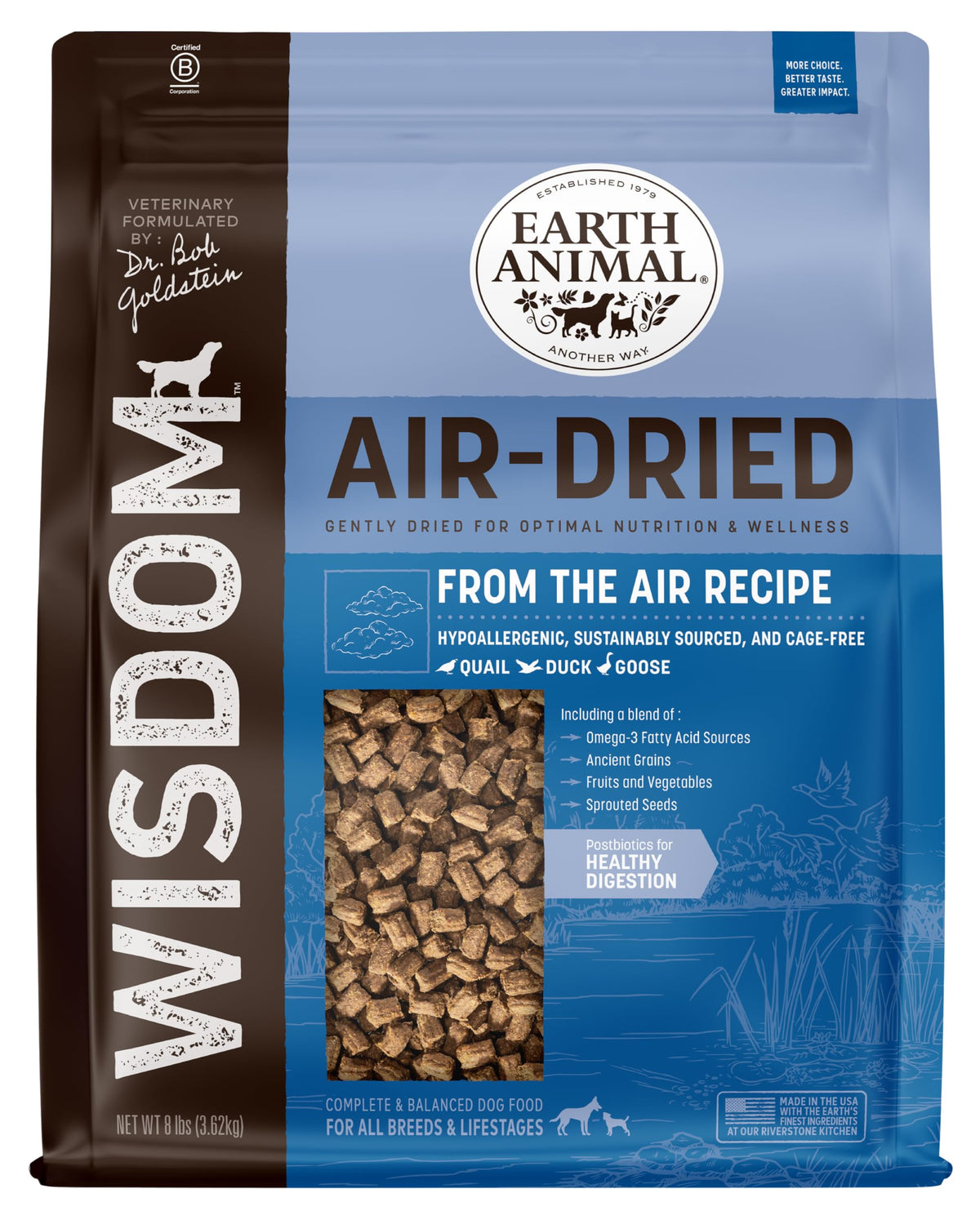 Earth Animal Wisdom: comida deshidratada al aire, bolsa de 8 lb lista para alimentar.