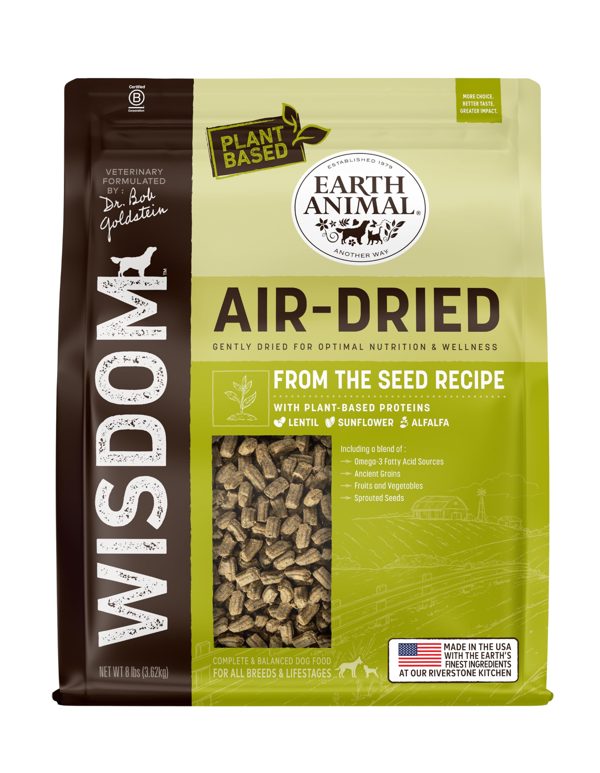 Earth Animal Wisdom Alimento seco para perros, bolsa de 8 libras, nutrición completa para todas las edades.
