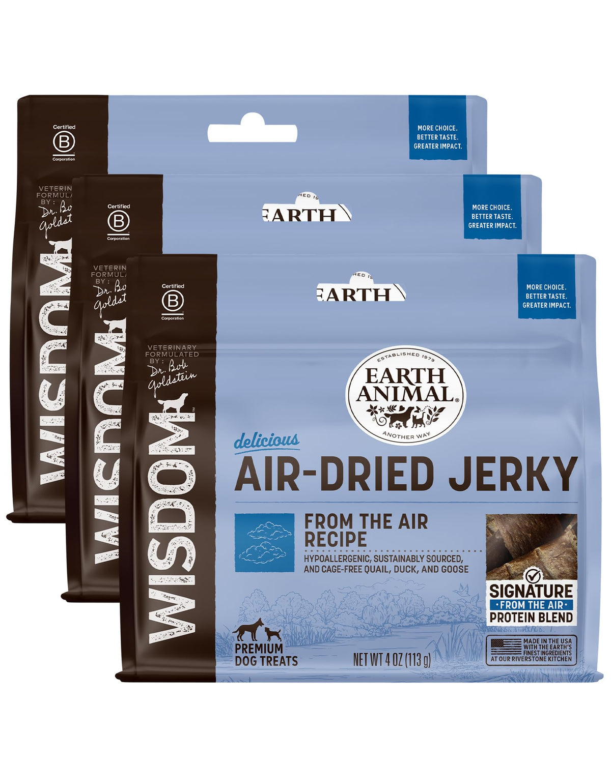 Earth Animal Wisdom tiras suaves de carne seca para entrenamiento.