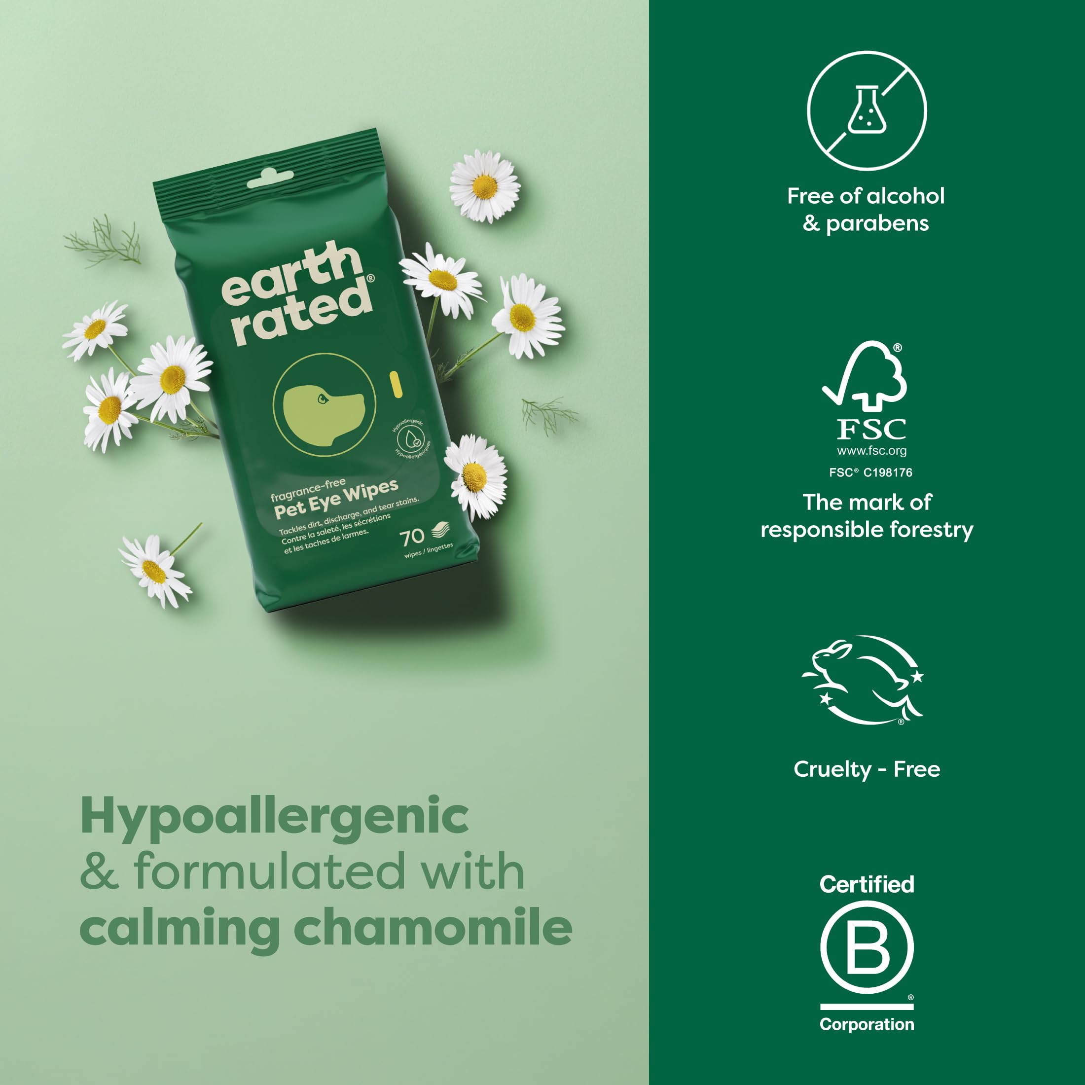 Earth Rated Eye Wipes con manzanilla para calmar la piel alrededor de los ojos