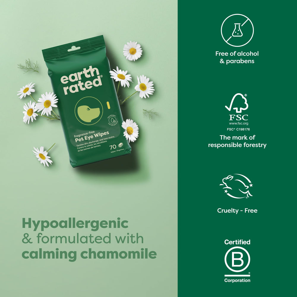 Earth Rated Eye Wipes con manzanilla para calmar la piel alrededor de los ojos
