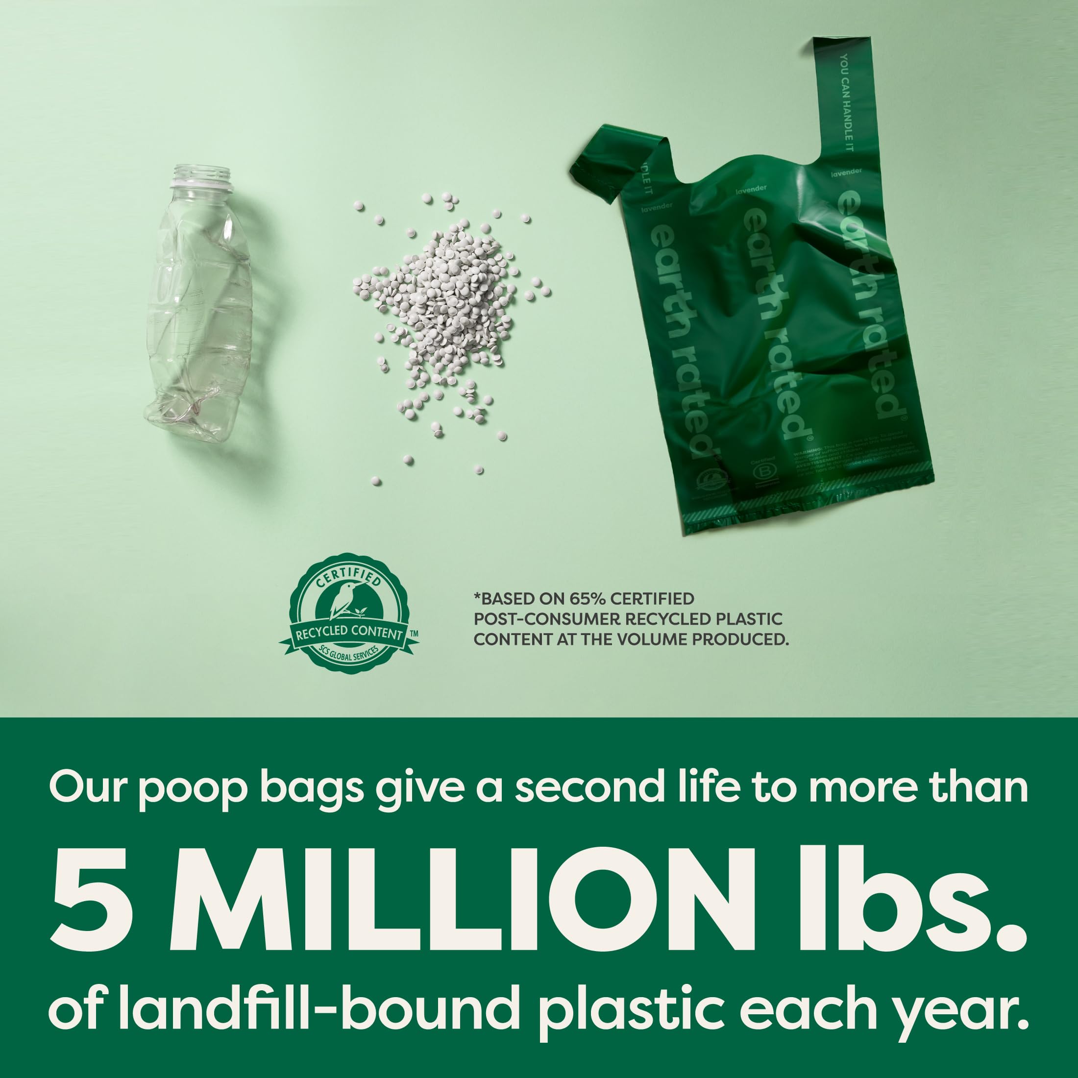 Earth Rated bolsas con 65% plástico posconsumo para reducir residuos.