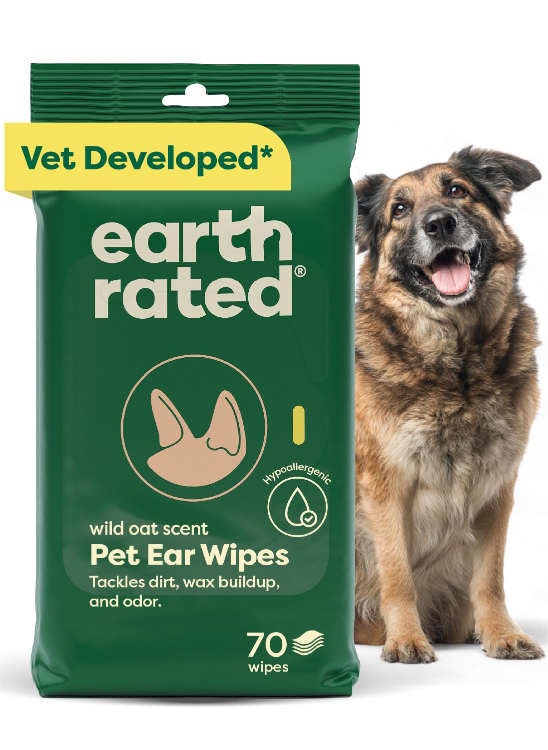 Earth Rated toallitas para orejas, empaque 70 unidades, limpieza rápida y eficaz.