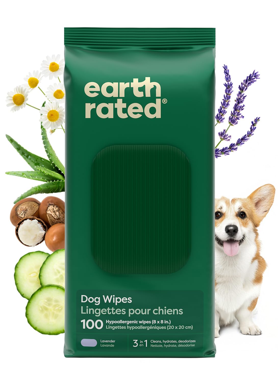 Earth Rated toallitas para perros, enfoque patas, limpieza suave con aroma a lavanda.