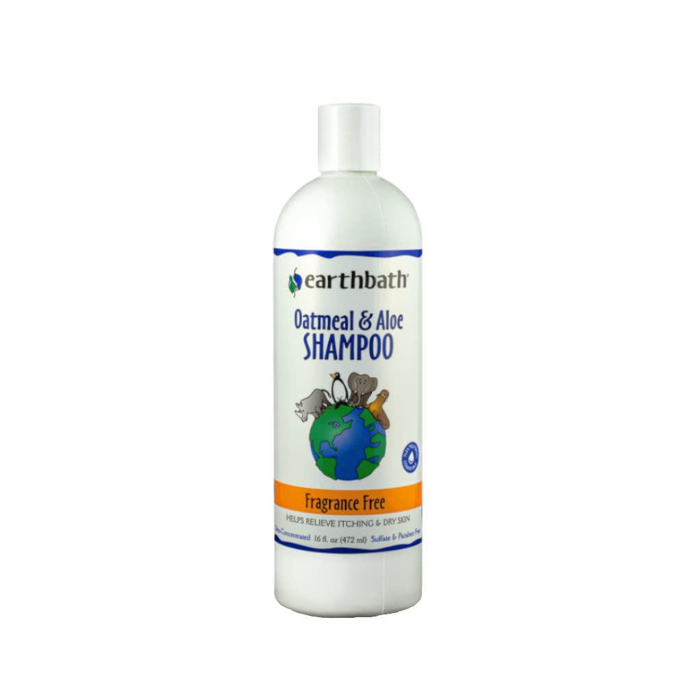 Earthbath champú para perros avena y aloe, botella visible, limpieza suave para piel sensible.