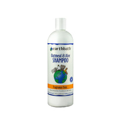 Earthbath champú para perros avena y aloe, botella visible, limpieza suave para piel sensible.