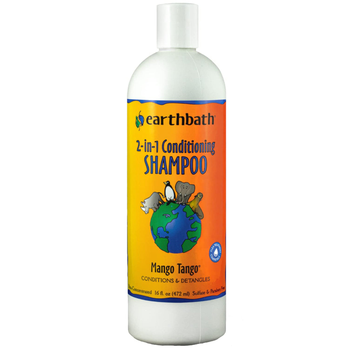 earthbath Mango Tango champú para perros en botella, limpieza suave y aroma a mango.