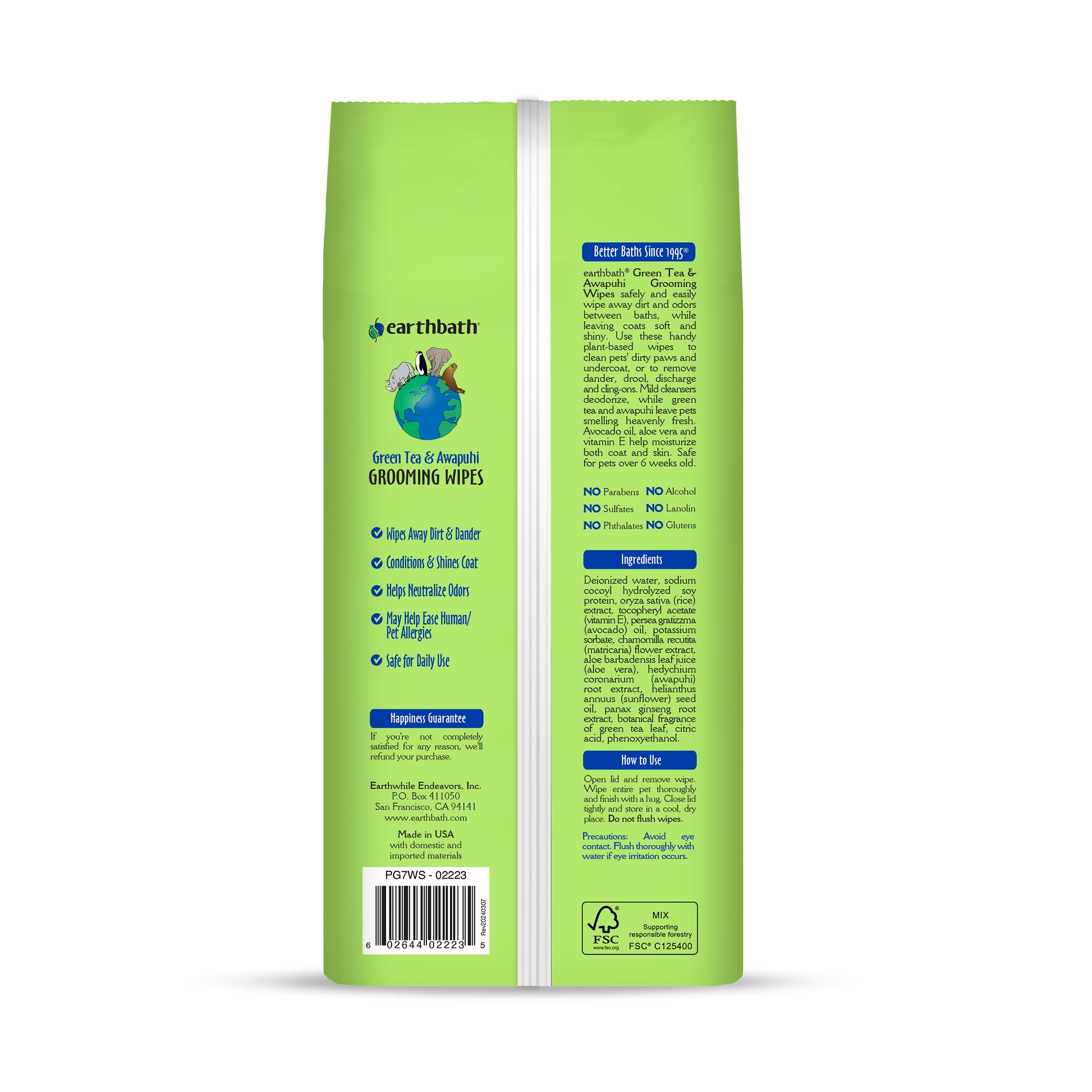 Toallitas earthbath para patas y zona trasera, higiene rápida y cómoda.