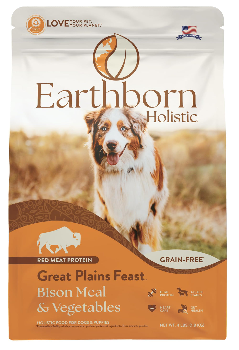 Earthborn Holistic Great Plains Feast: bolsa sin grano, proteína alta para perros activos.