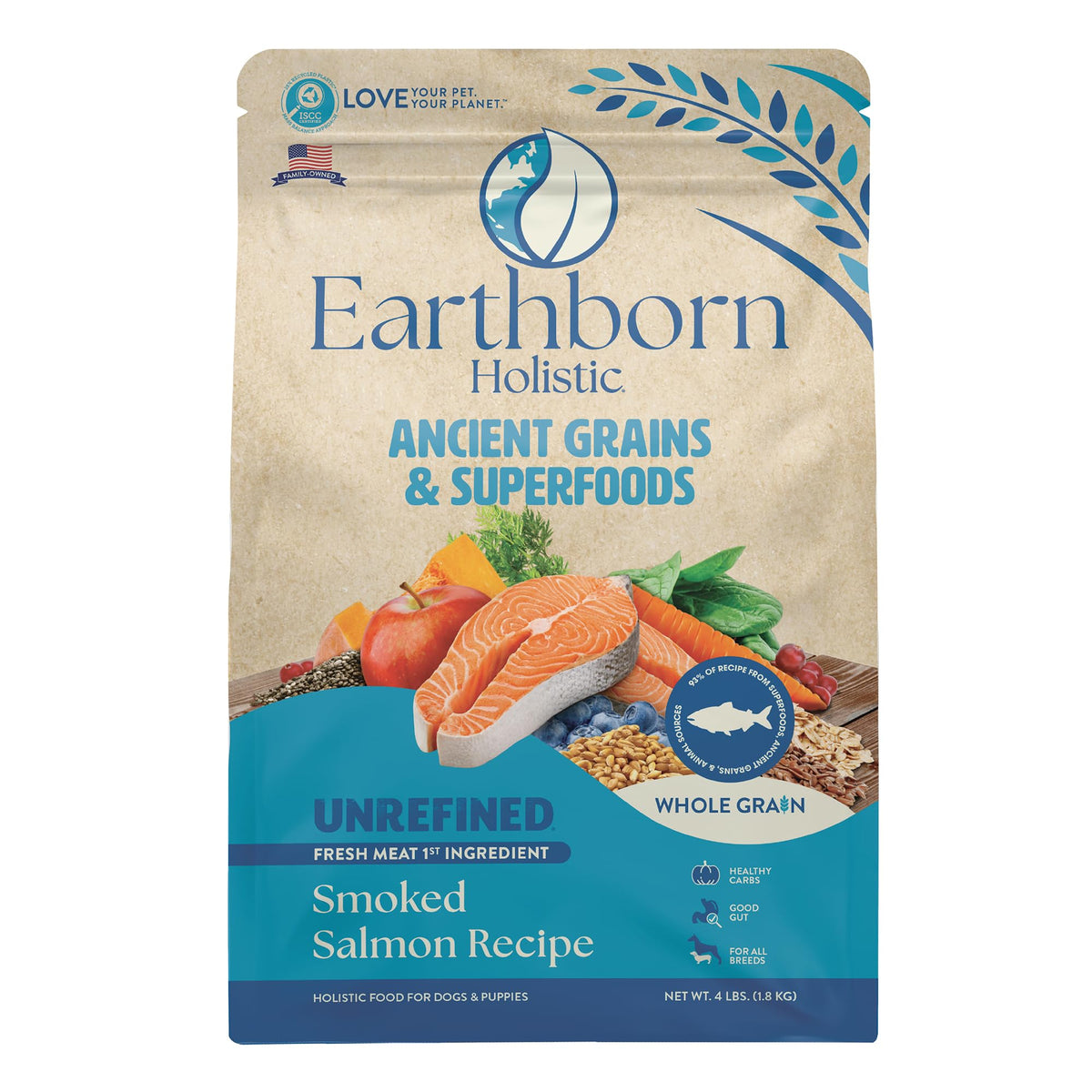 Earthborn Holistic Salmón ahumado como ingrediente principal para perros saludables.