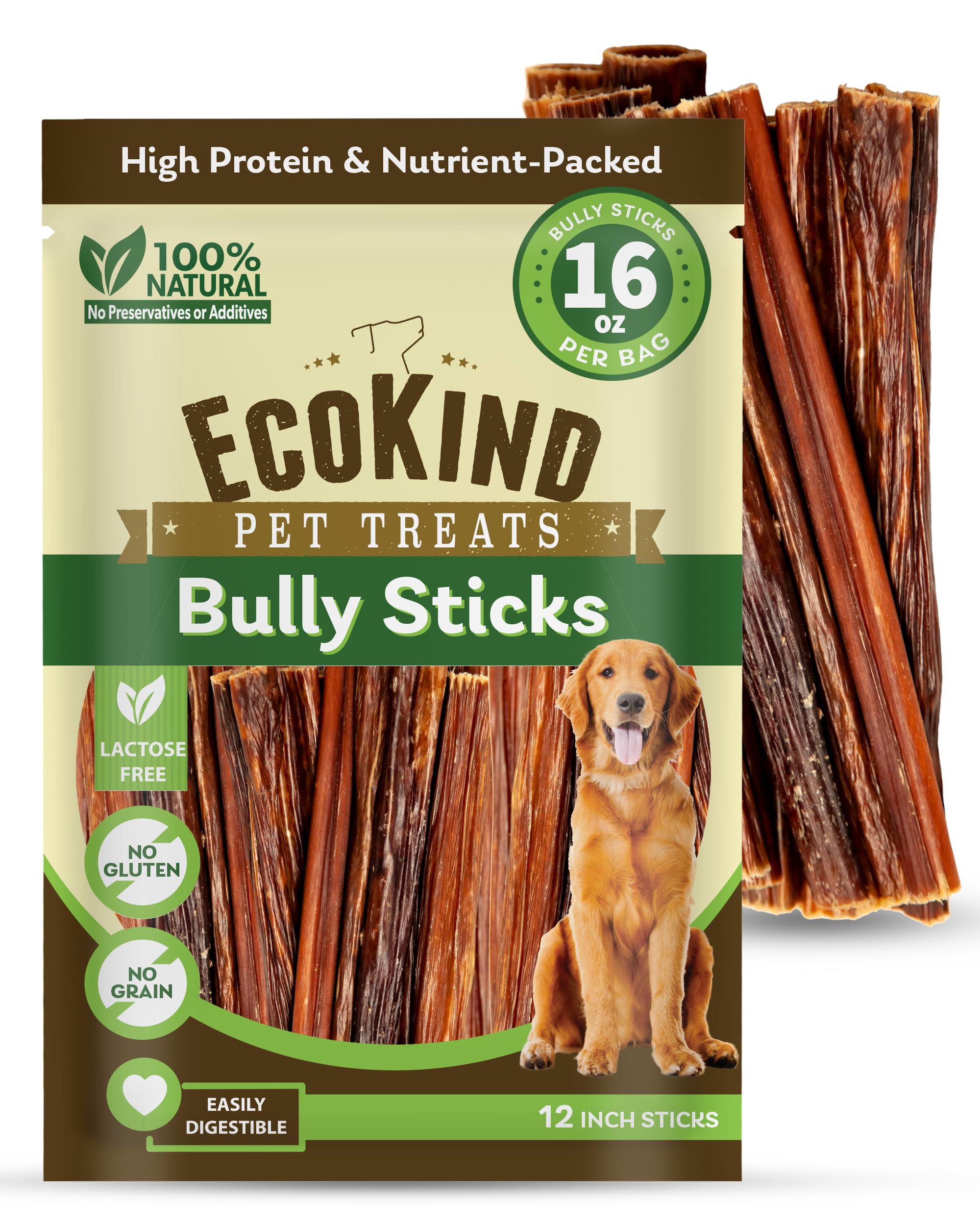 EcoKind Palitos de res naturales de 12 pulgadas para perros, alto en proteína.