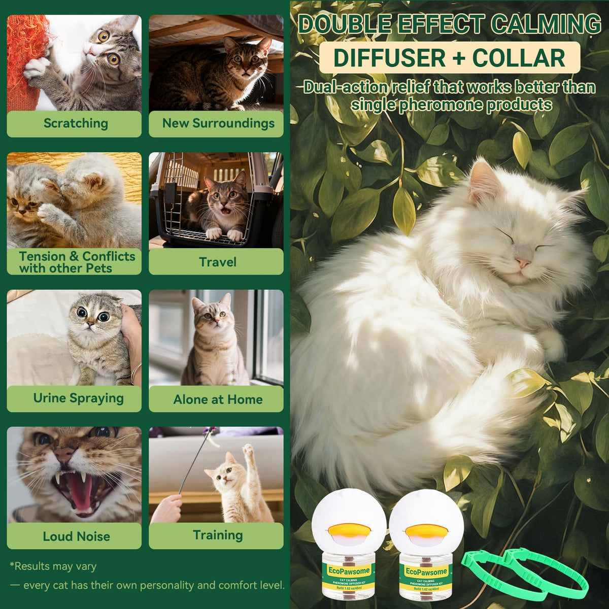 Collar EcoPawsome ajustable para calmar al gato durante el día.