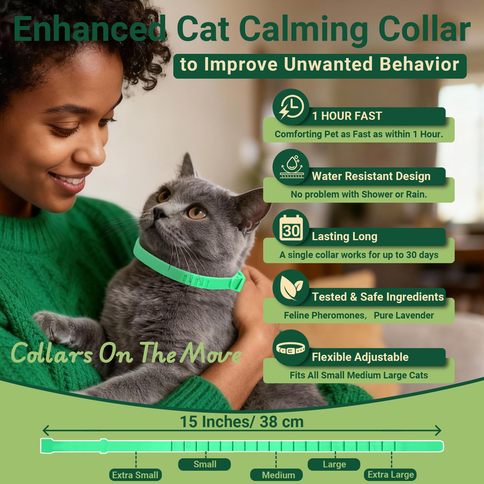 Gato relajado con collar EcoPawsome en casa.