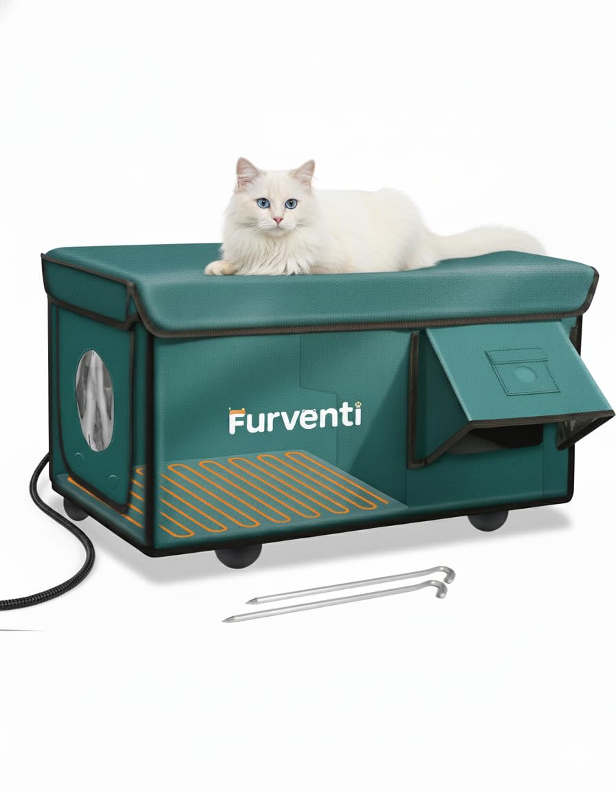 Casa de gatos eekkii con calefacción exterior y dos puertas para acceso seguro.
