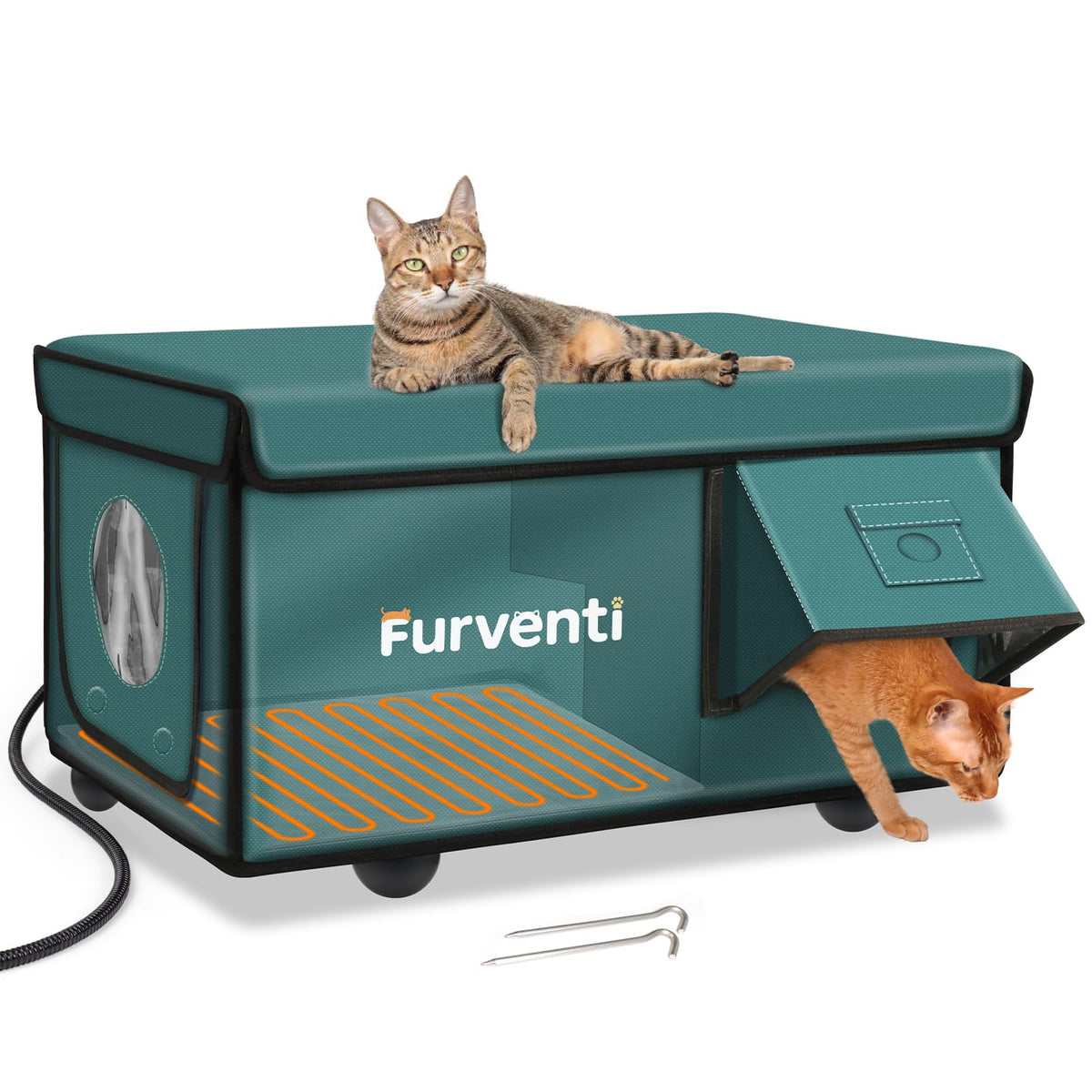 Casa para gatos de eekkii con calefactor y puertas duales, ideal para exteriores.