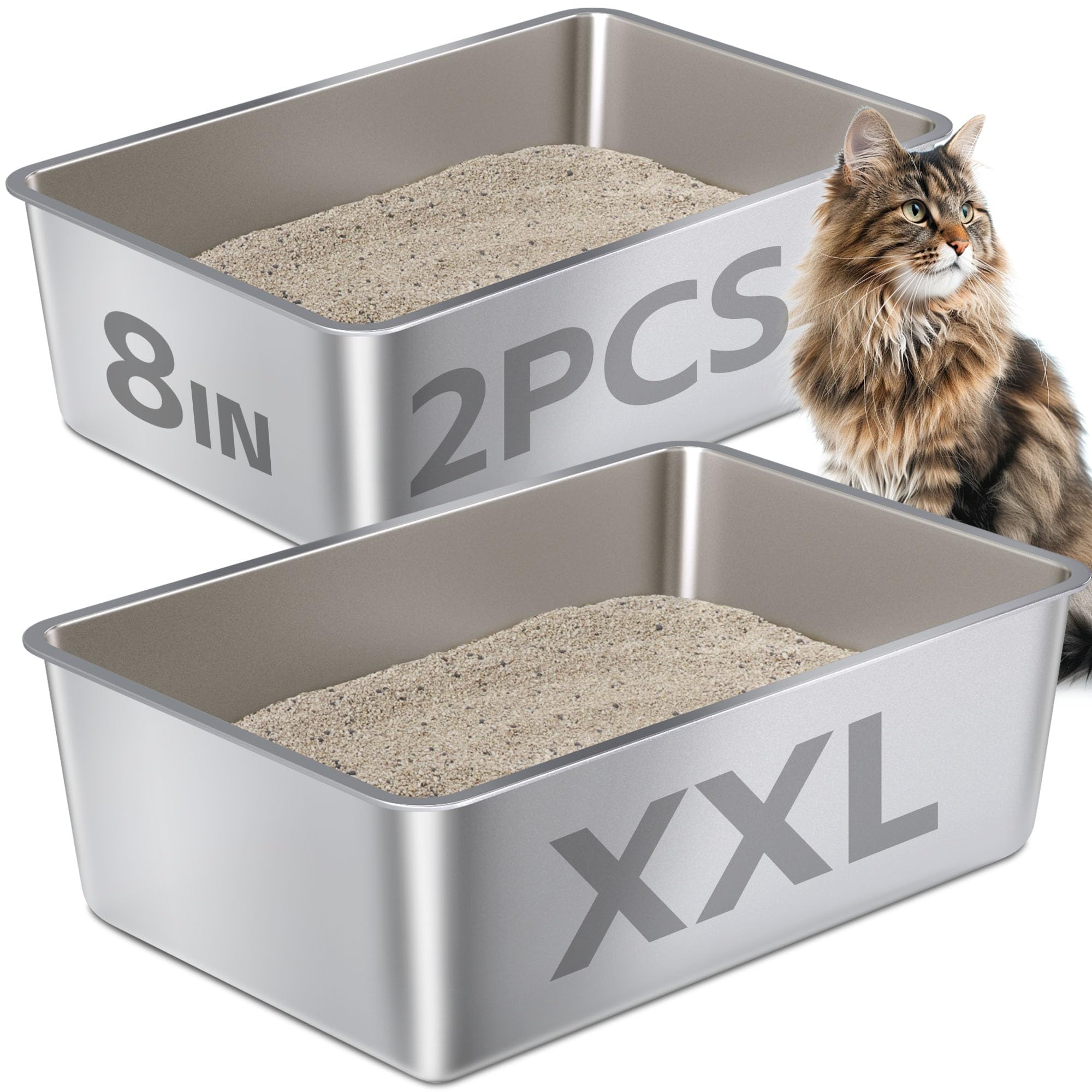EGMEHOAD caja de arena de acero inoxidable para gatos grandes, profundidad de 8 pulgadas.