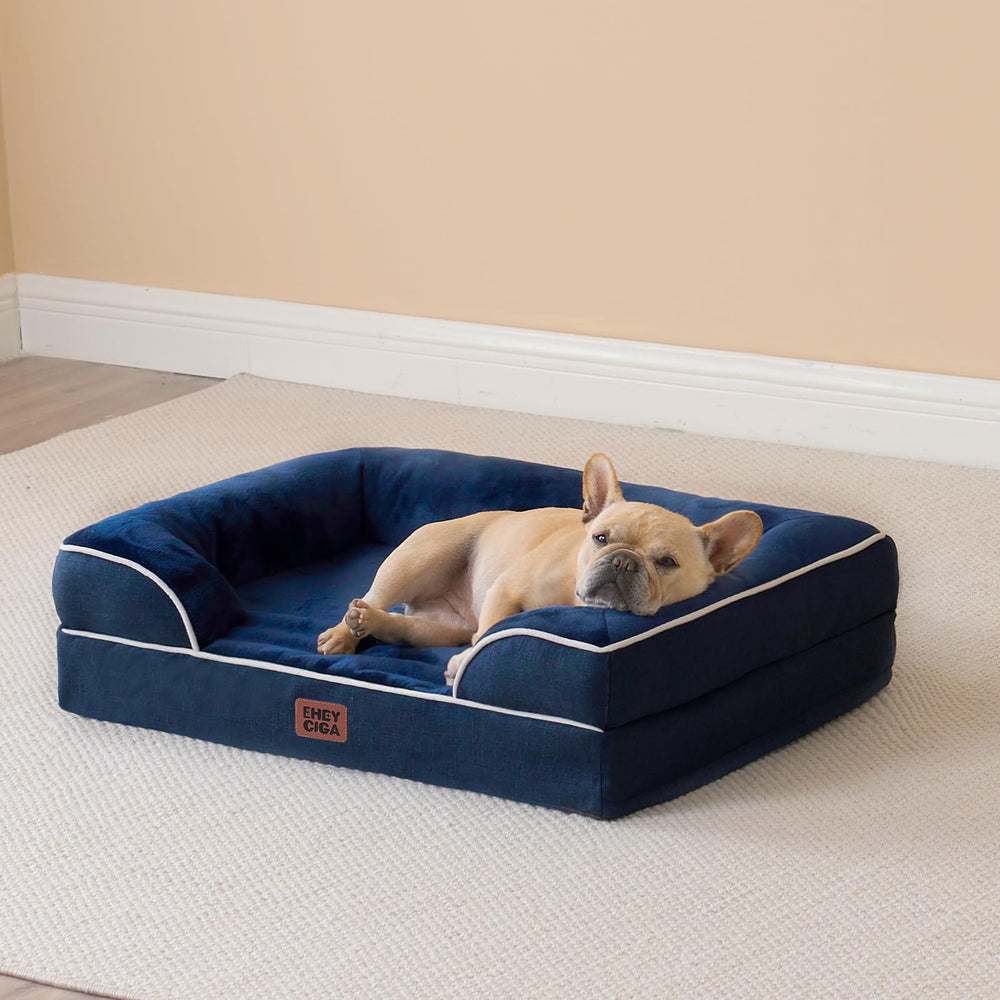 Cama ortopédica EHEYCIGA disponible en tamaños mediano, grande y extragrande para mascotas.