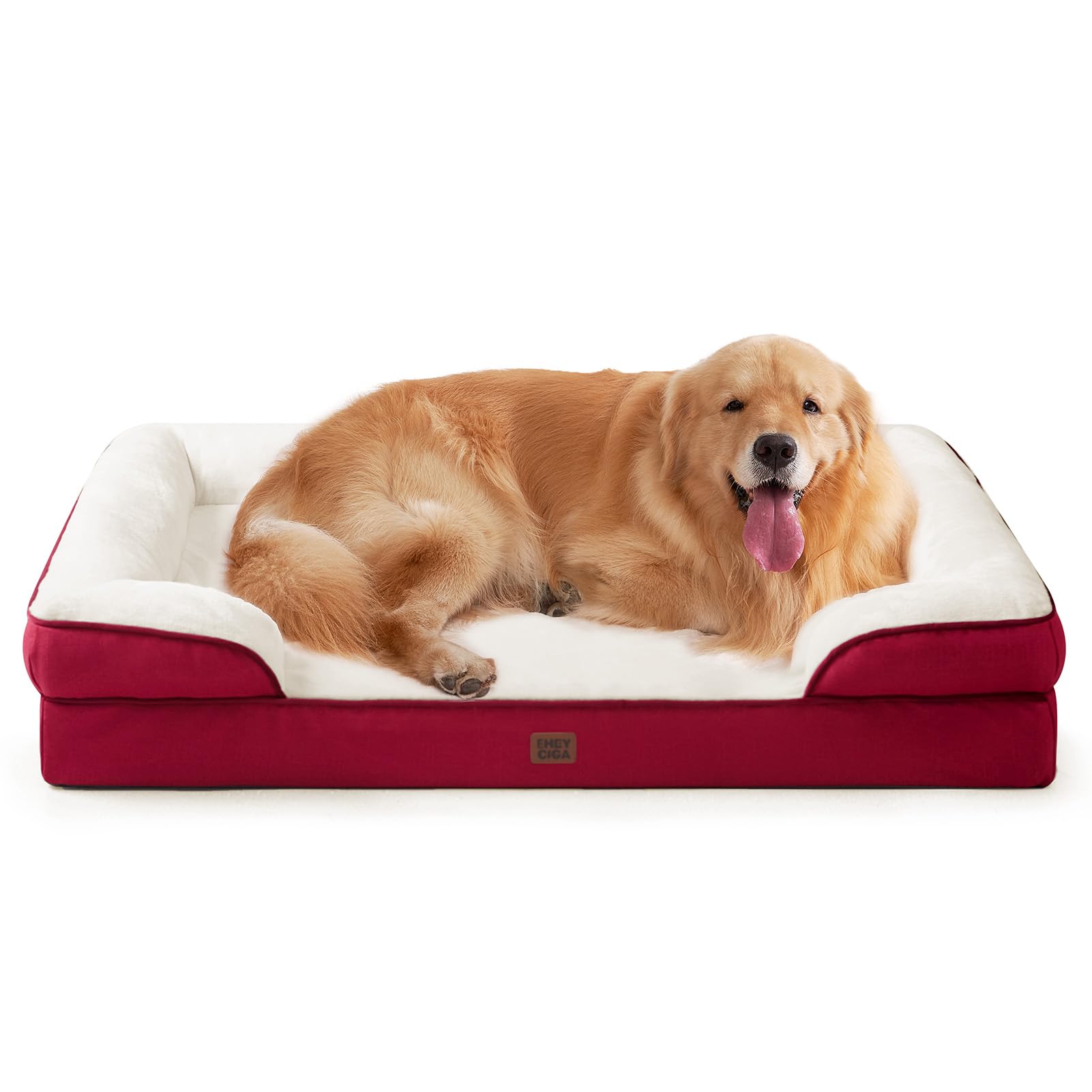 Cama ortopédica EHEYCIGA para perros grandes, vista frontal en rojo, descanso cómodo.