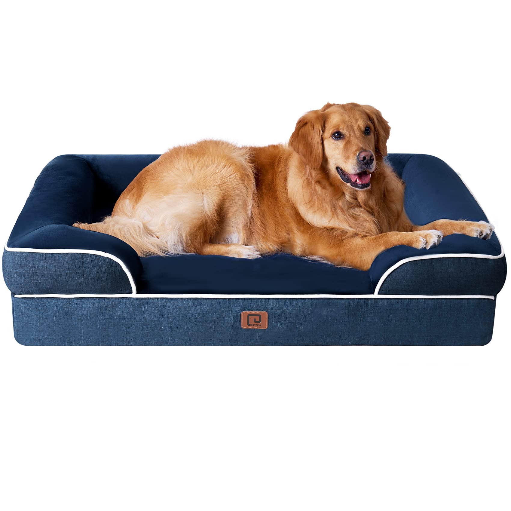 Cama ortopédica EHEYCIGA XL, tapizada azul marino, descanso cómodo para perros grandes.