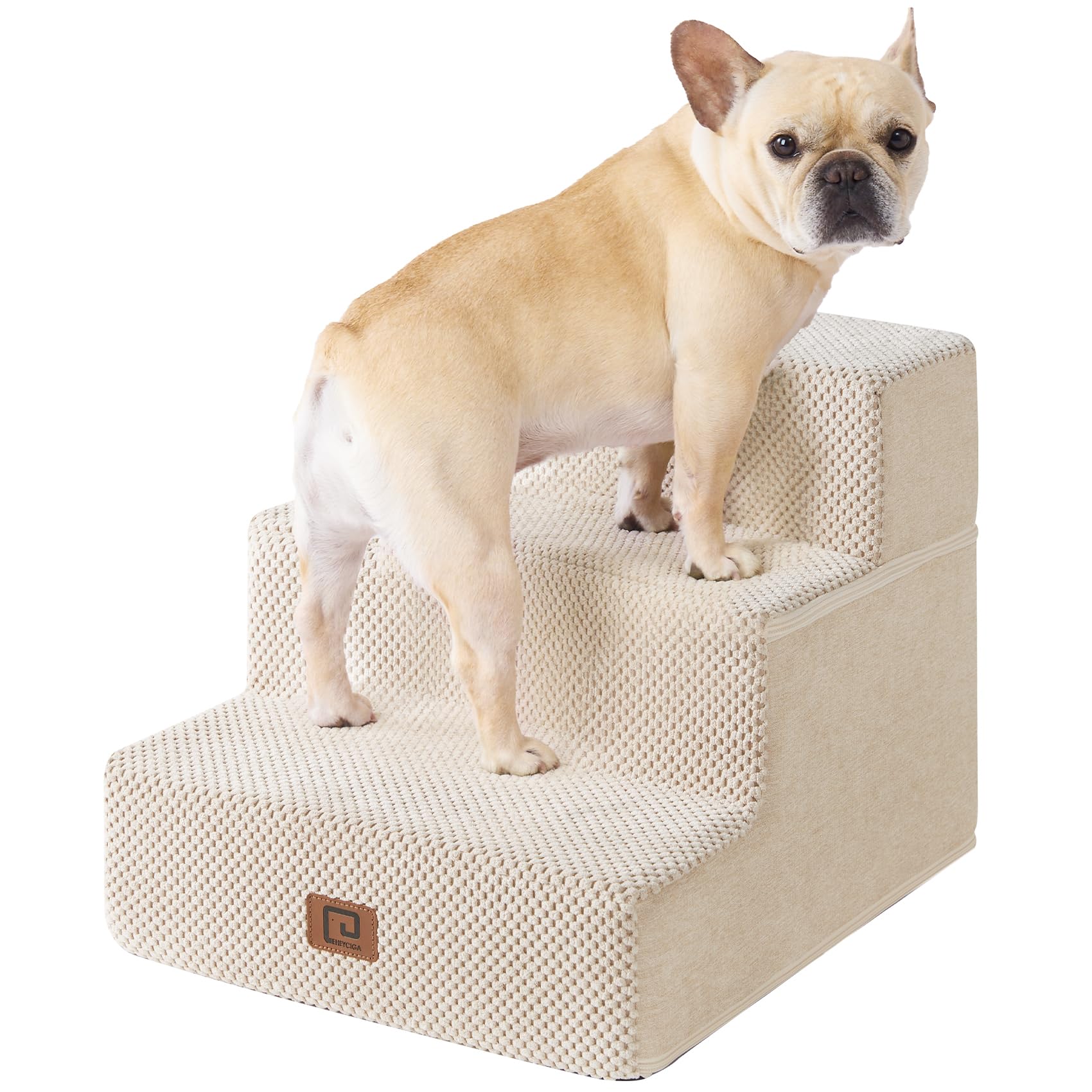 EHEYCIGA escalera para perros 3‑pasos junto al sofá, facilita subir sin esfuerzo.