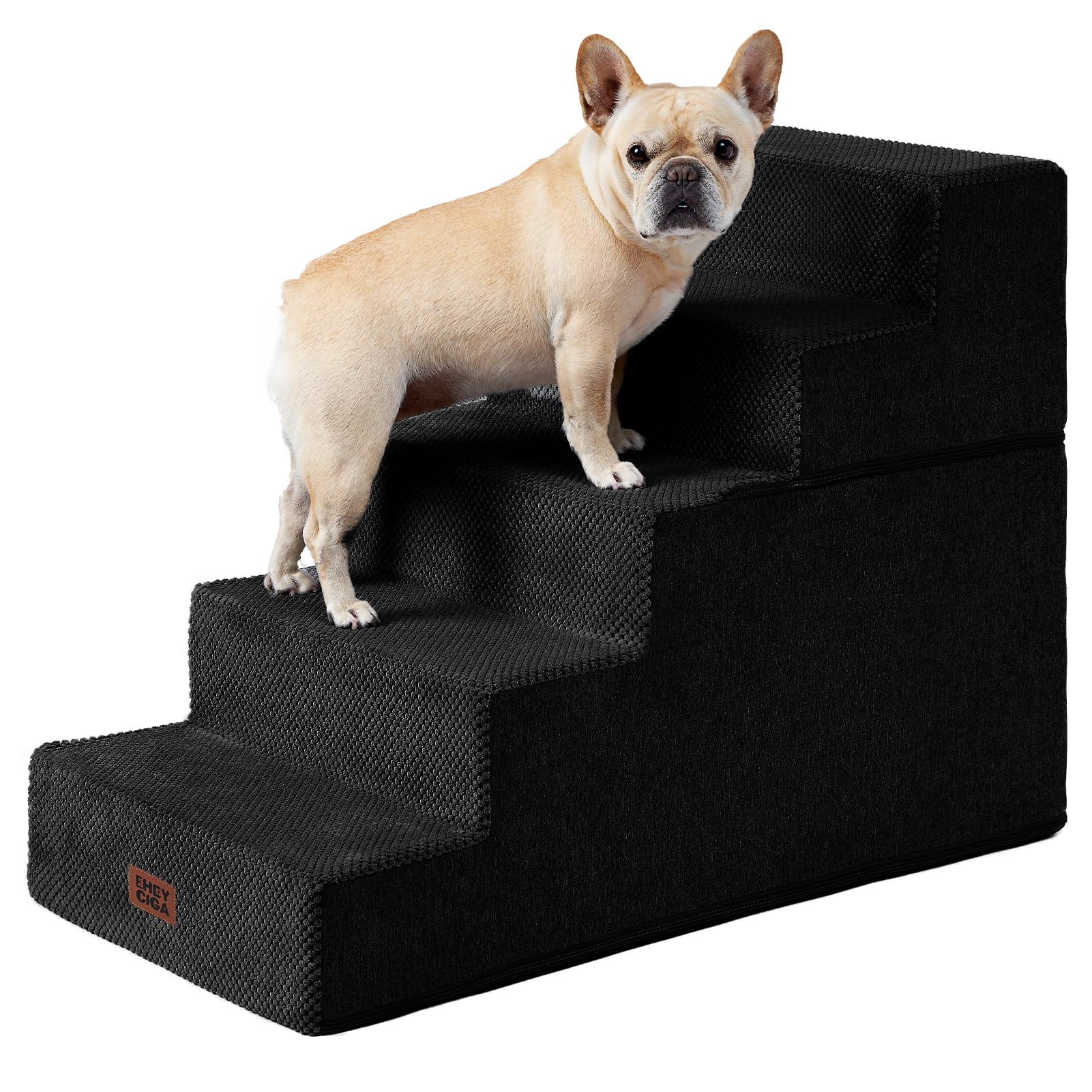Escaleras para perro EHEYCIGA 5 pasos negro junto a la cama alta, seguras y estables.