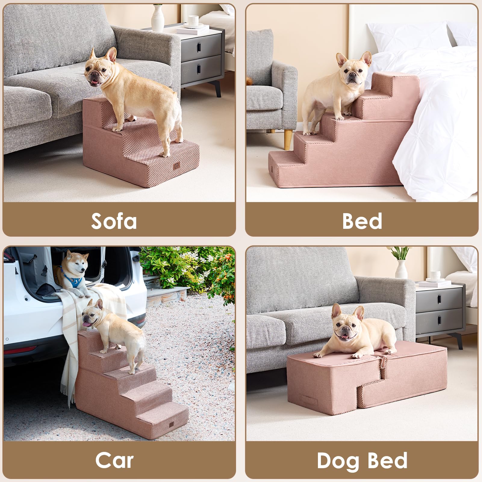 Uso en interiores: la escalera EHEYCIGA ayuda a perros pequeños a entrar a la cama.
