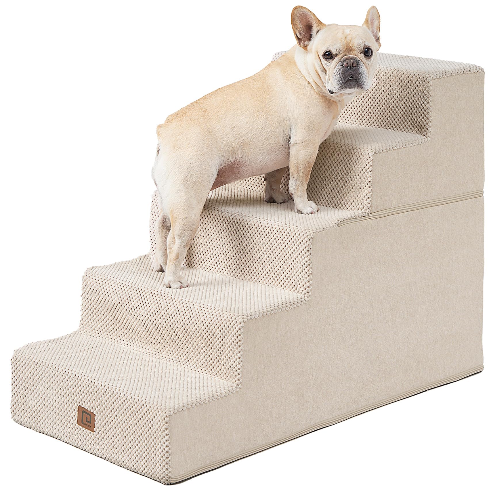 Escaleras EHEYCIGA para perros frente a cama alta, fáciles de subir y bajar.