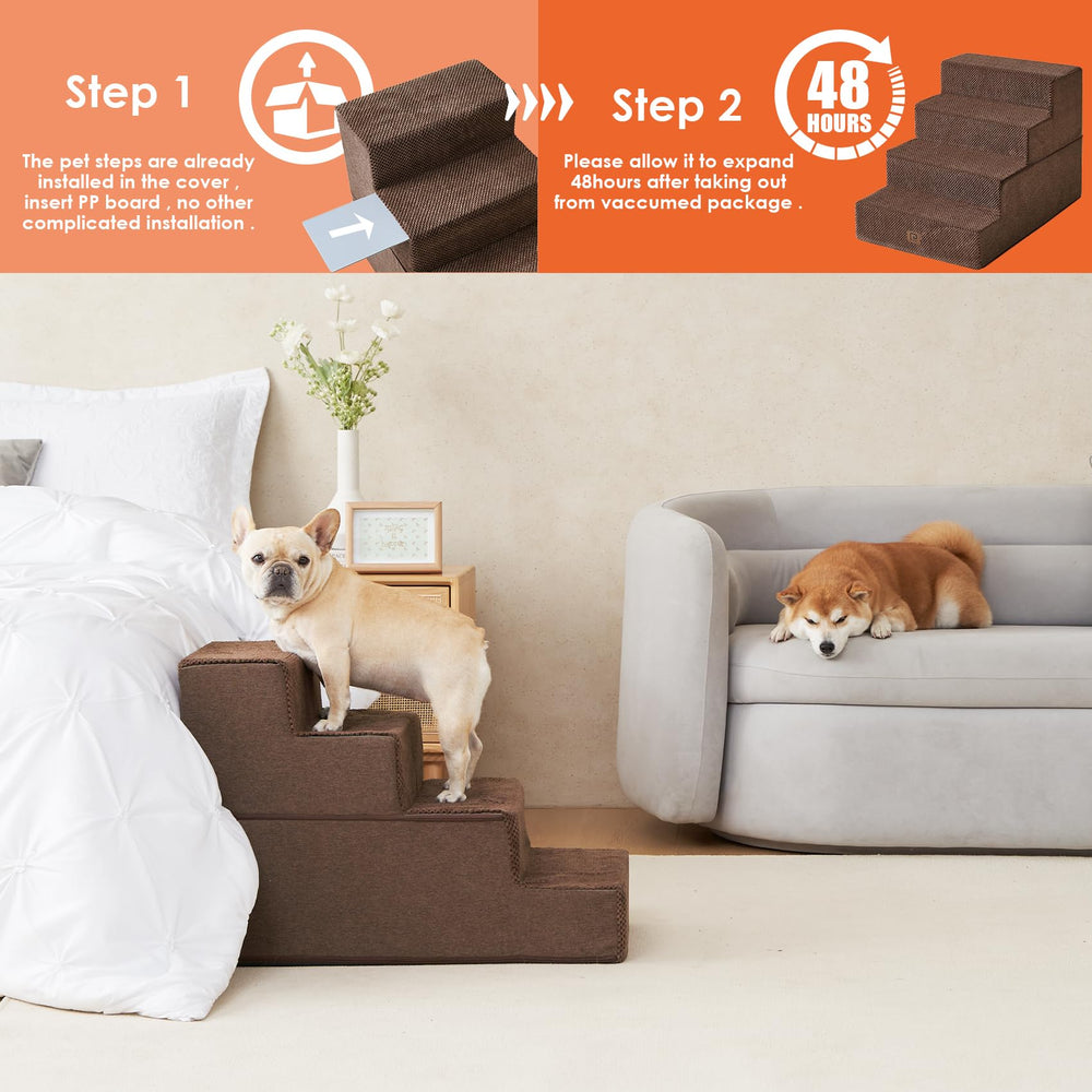 Uso diario con escalones EHEYCIGA para mascotas, mejora movilidad en casa.