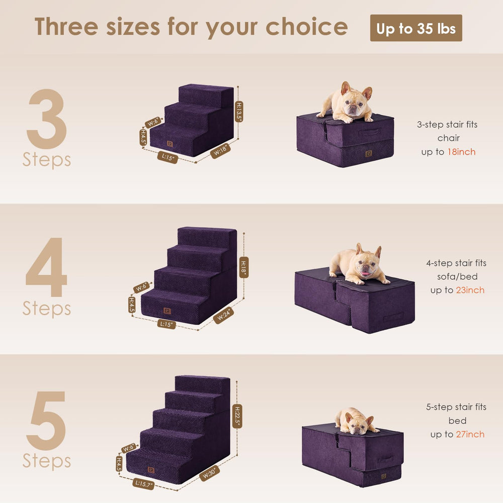 Escalones para perros de 3 pasos junto a la cama, ideal para mascotas pequeñas.