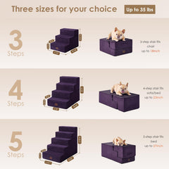 Escalones para perros de 3 pasos junto a la cama, ideal para mascotas pequeñas.
