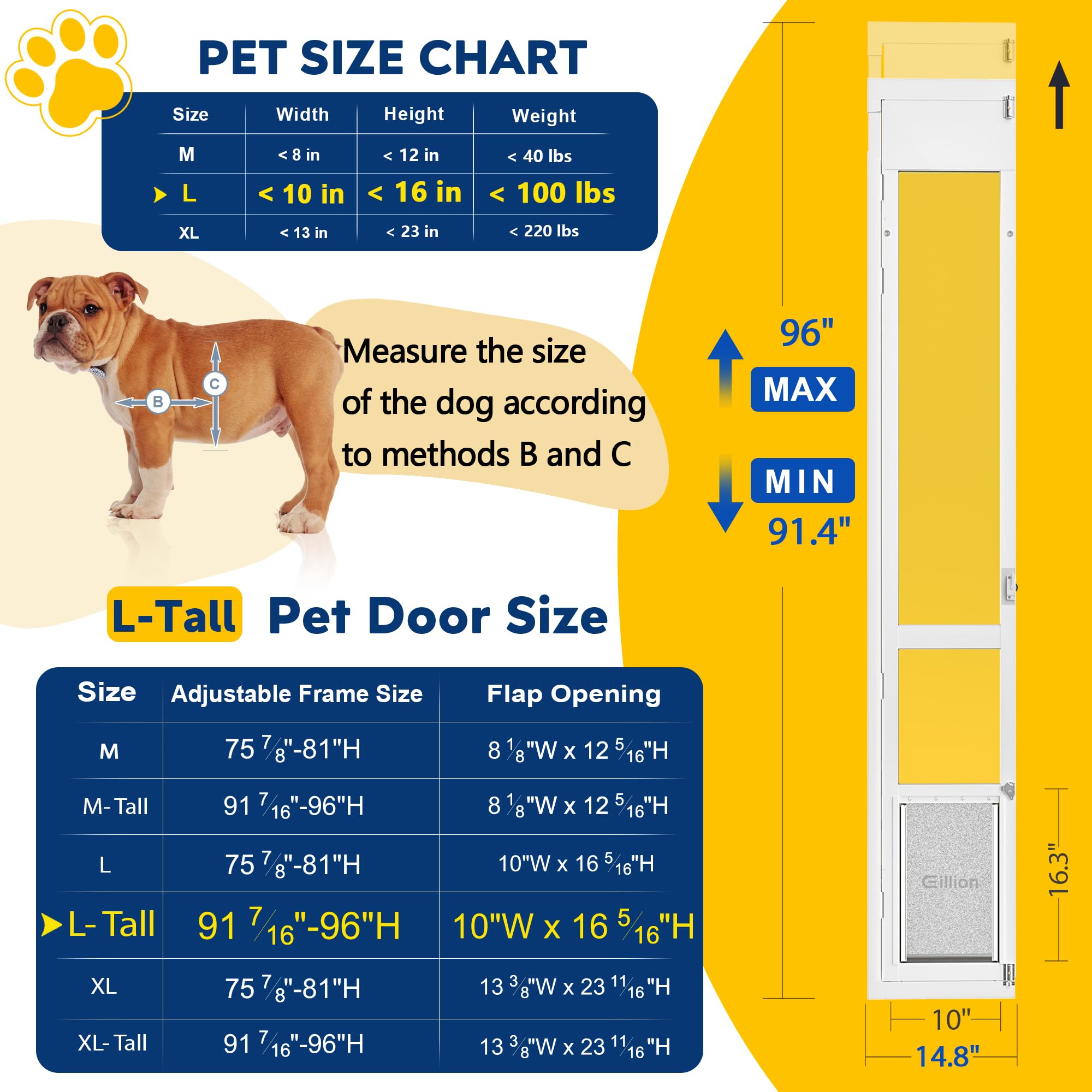 Eillion puerta para perro grande con altura ajustable de 91-7-16 pulgadas a 96 pulgadas para puertas corredizas.
