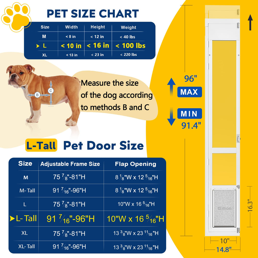 Eillion puerta para perro grande con altura ajustable de 91-7-16 pulgadas a 96 pulgadas para puertas corredizas.